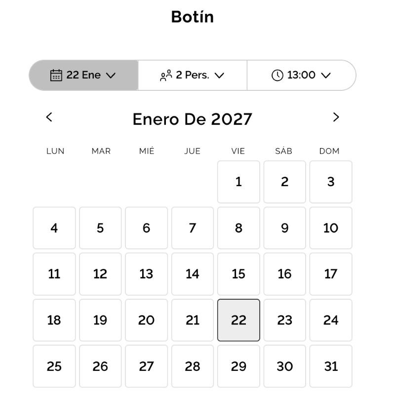 Sistema di prenotazione online del ristorante Botín di Madrid con scelta del numero di persone, della data e dell'orario